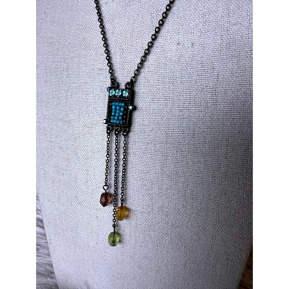 Boho Drop Pendant Necklace Gunmetal Turquoise Beaded Rhinestone